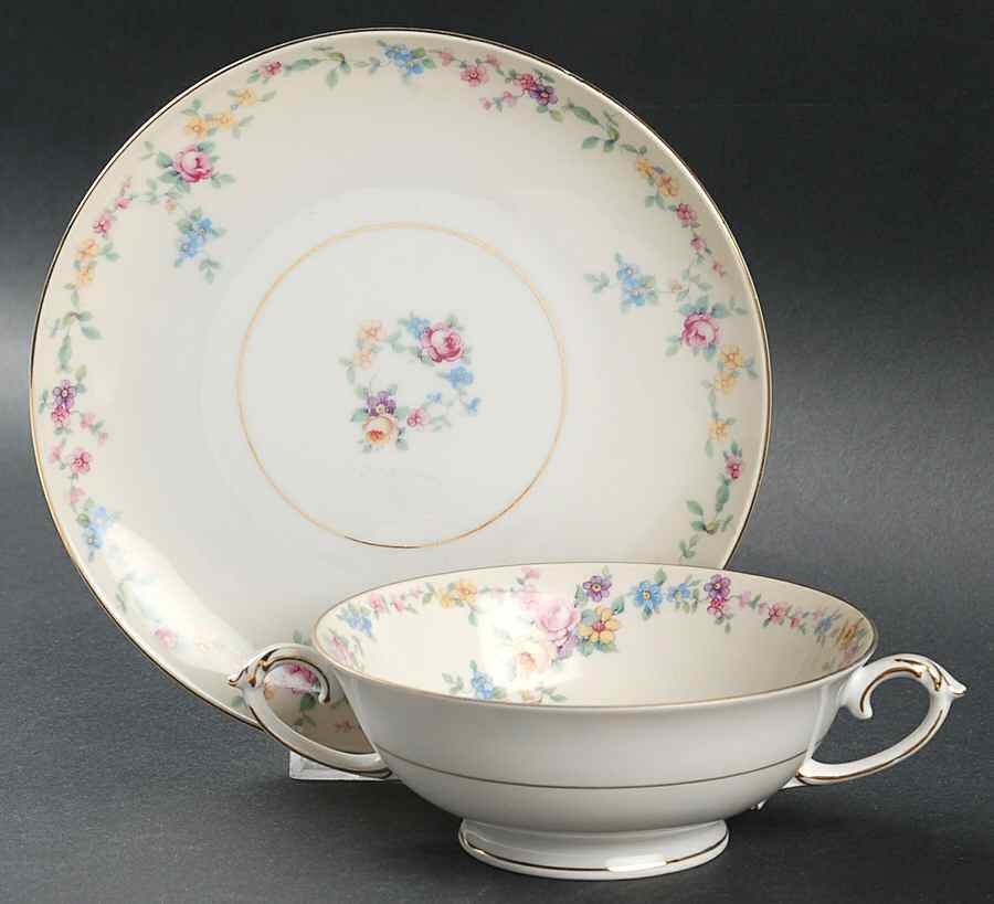 Barbara (Gold Trim) Footed Cream Soup Bowl & Saucer Set by Baronet-1