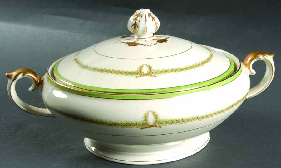 Lyric (Green Design, Off White) Round Covered Vegetable by Baronet-1