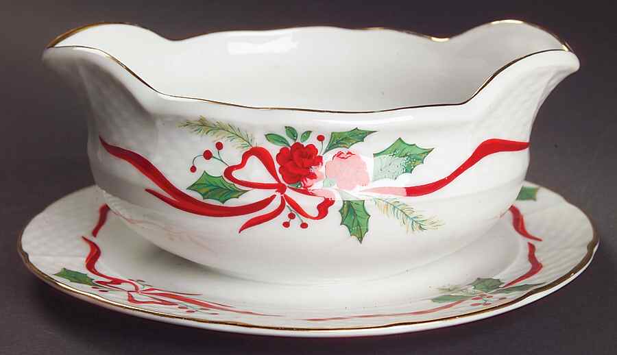 Victorian Holiday (Roses) Gravy Boat with Attached Underplate by Baum Brothers-1