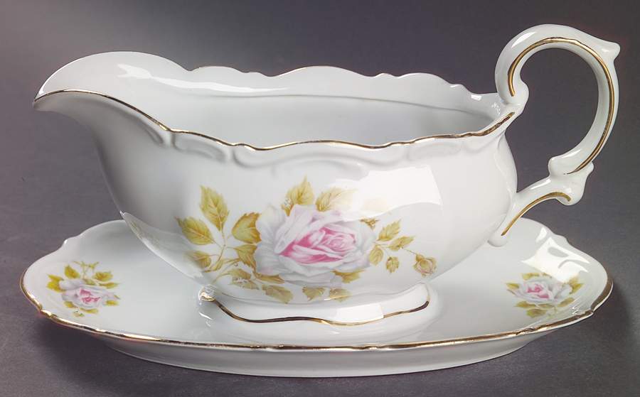 White Rose Gravy Boat with Attached Underplate by Schumann - Bavaria-1