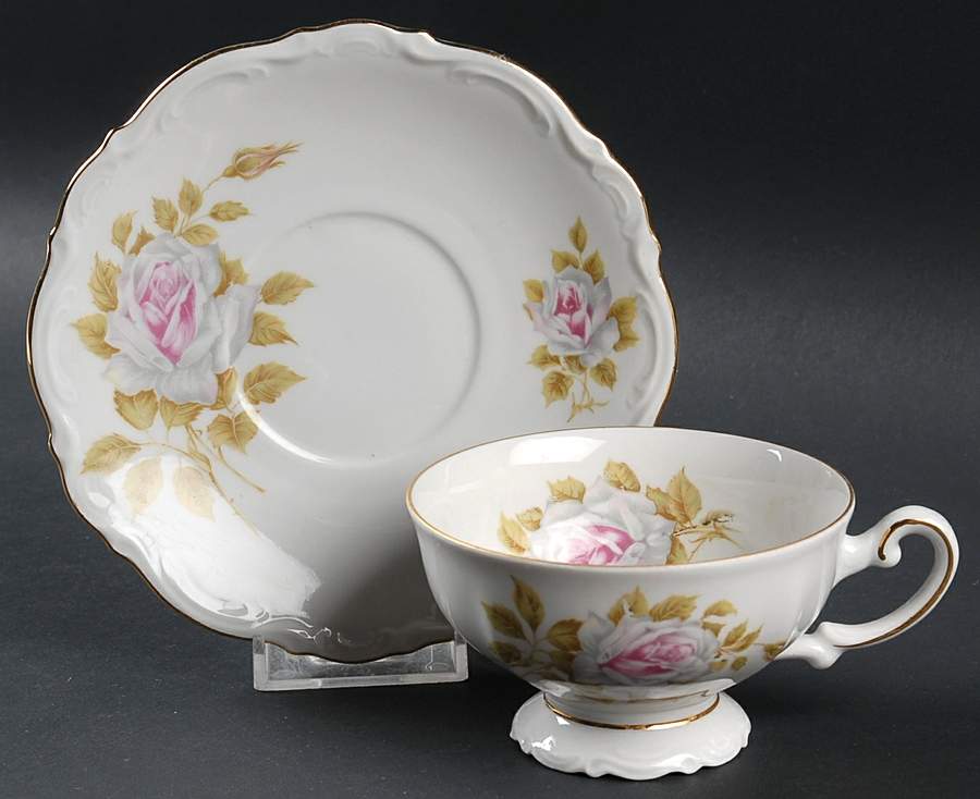 White Rose Footed Cup & Saucer Set by Schumann - Bavaria-1