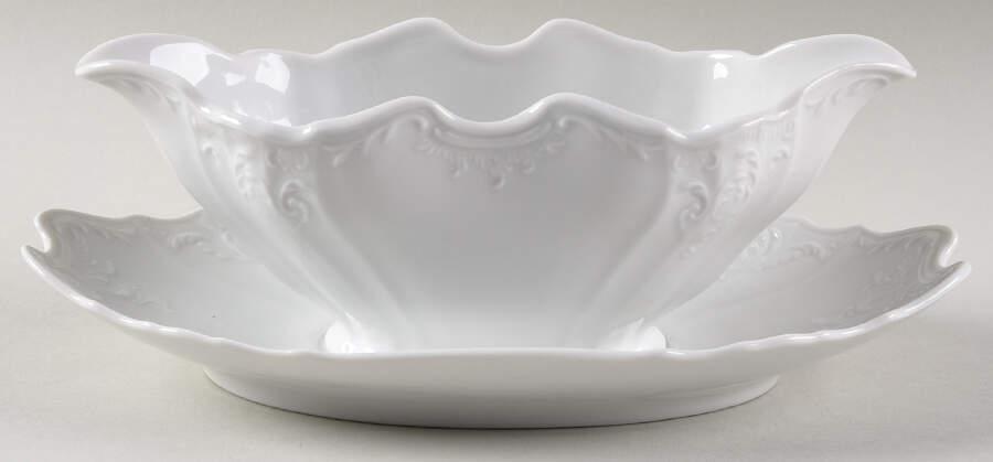 Bernadotte White-No Trim Gravy Boat with Attached Underplate by Baum Brothers-1