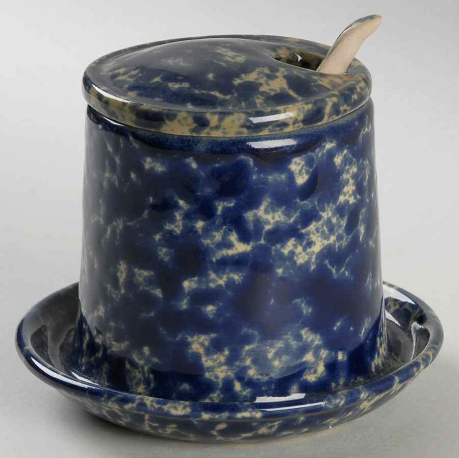 Agate Blue Jam/Jelly & Lid w/Attached Underplate & Spoon by Bennington Potters-1