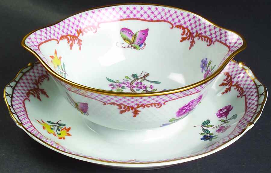 Compagnie Des Indes Red Gravy Boat with Attached Underplate by Bernardaud-1