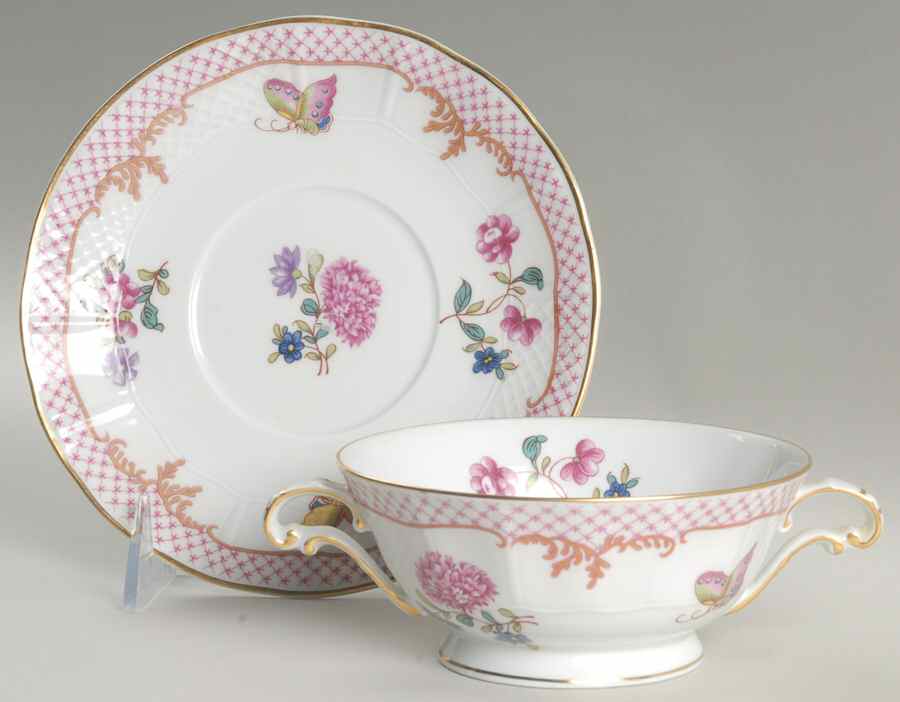 Compagnie Des Indes Red Footed Cream Soup Bowl & Saucer Set by Bernardaud-1