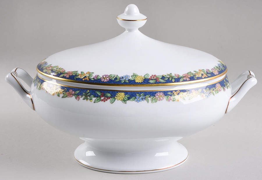 Fiorini Bleu (No Gold Outlined Flowers) Oval Covered Vegetable by Bernardaud-1