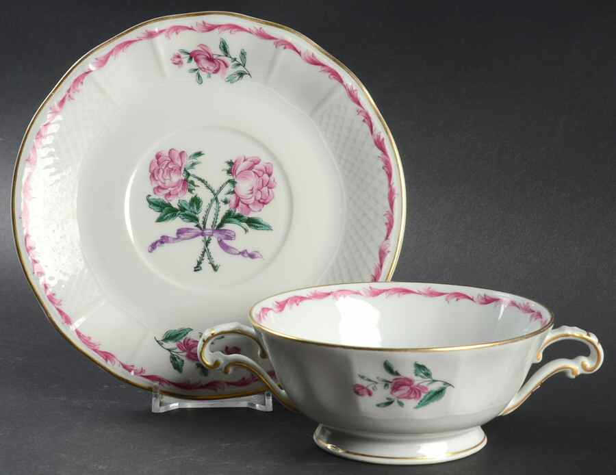 Les Deux Roses Footed Cream Soup Bowl & Saucer Set by Bernardaud-1