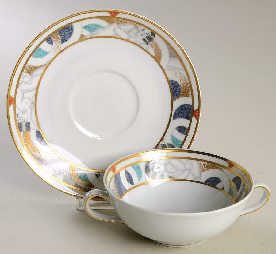 Paris (Geometric Nudes) Flat Cream Soup Bowl & Saucer Set by Bernardaud-1
