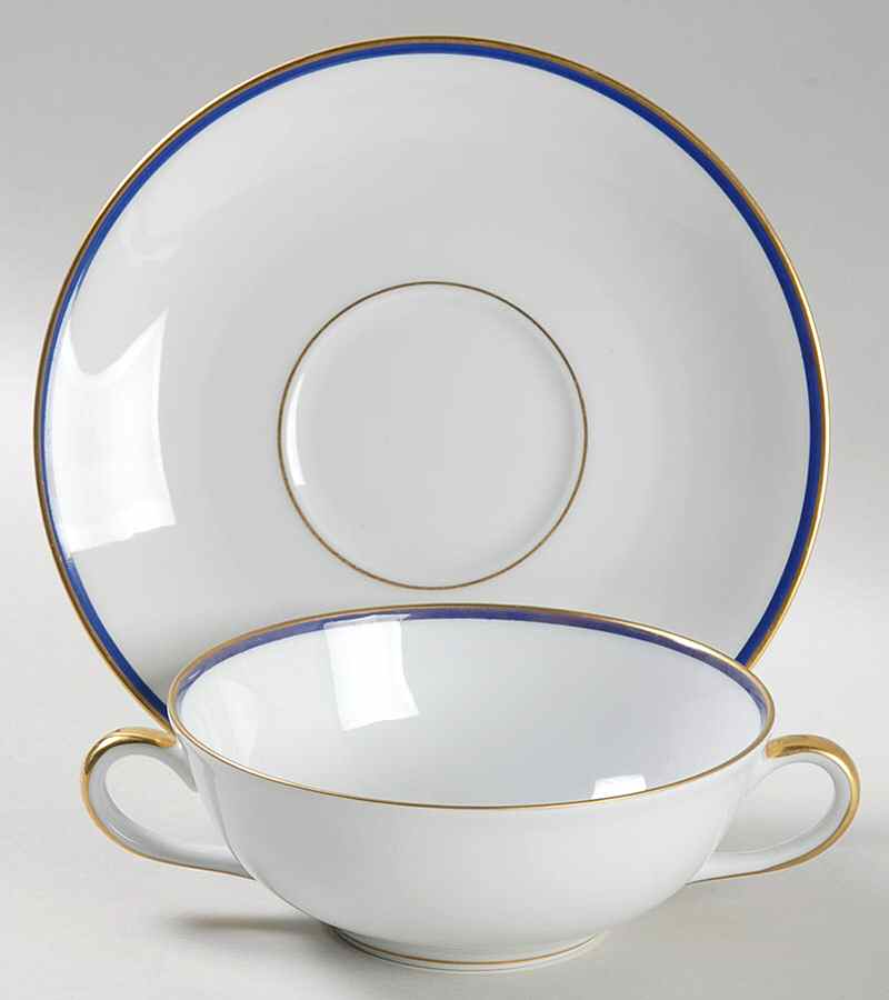 Perouse Blue Flat Cream Soup Bowl & Saucer Set by Bernardaud-1
