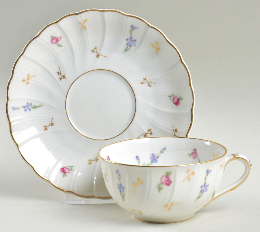 Pompadour (Scalloped, White Background) Flat Cup & Saucer Set by Bernardaud-1