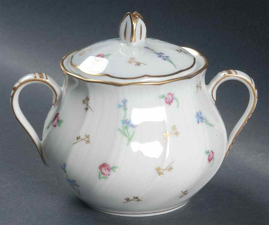 Pompadour (Scalloped, White Background) Sugar Bowl & Lid by Bernardaud-1