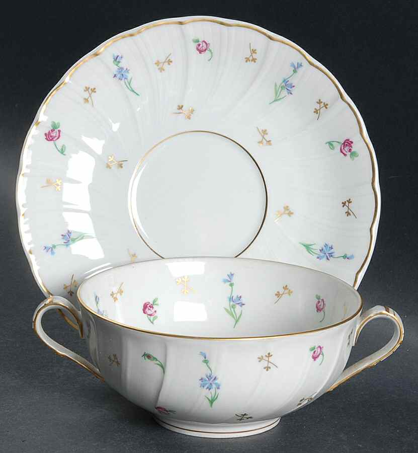 Pompadour (Scalloped, White Background) Flat Cream Soup Bowl & Saucer Set by Bernardaud-1