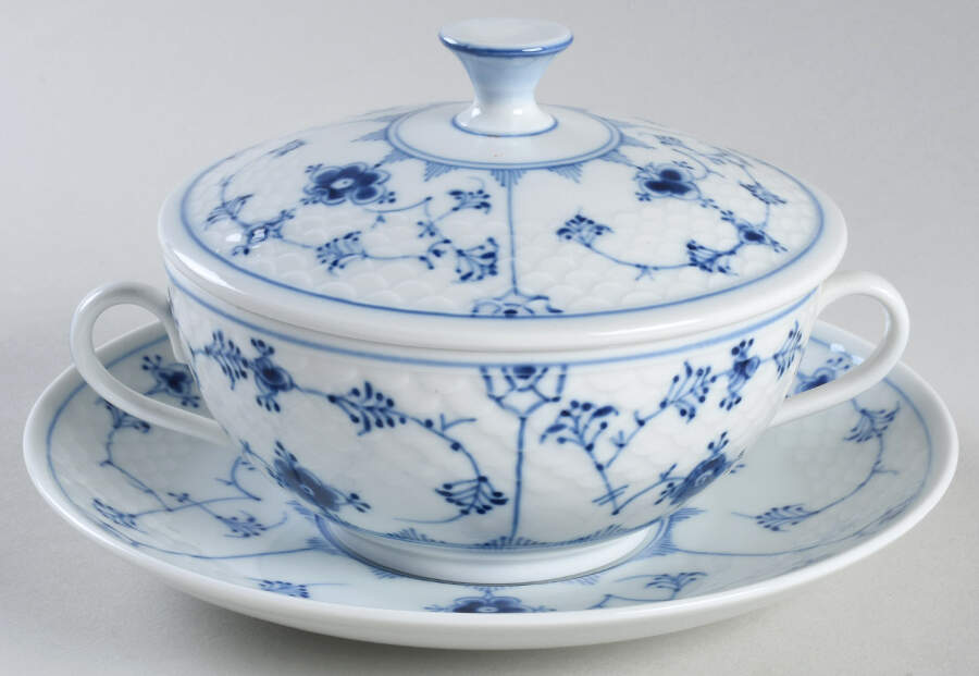 Blue Traditional (No Trim) Cream Soup Bowl & Saucer Set with Lid by Bing & Grondahl-1