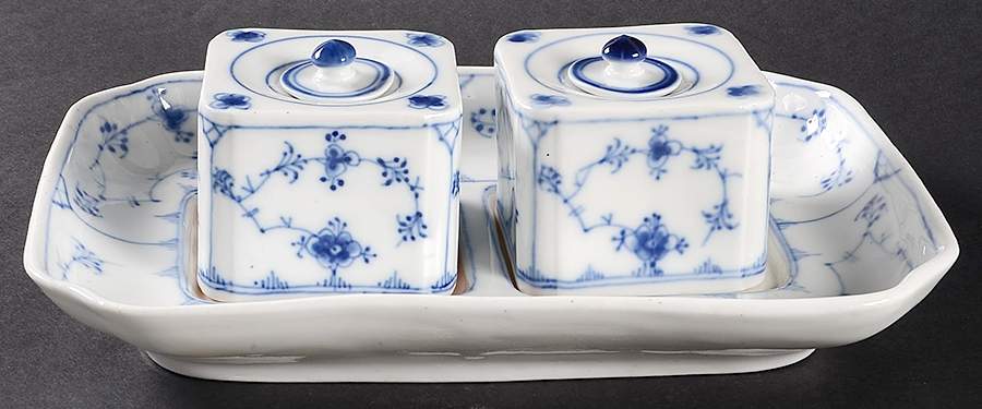 Blue Traditional (No Trim) Double Ink Pot with Lid and Stand by Bing & Grondahl-1
