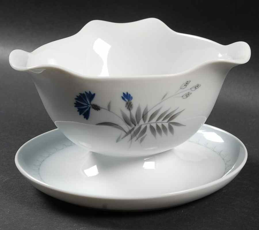 Cornflower Blue Edge Gravy Boat with Attached Underplate by Bing & Grondahl-1