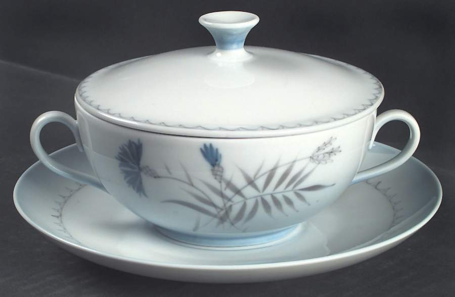 Cornflower Blue Edge Cream Soup Bowl & Saucer Set with Lid by Bing & Grondahl-1