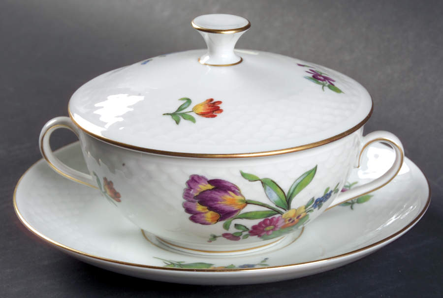 Saxon Flower (White Background) Cream Soup Bowl & Saucer Set with Lid by Bing & Grondahl-1