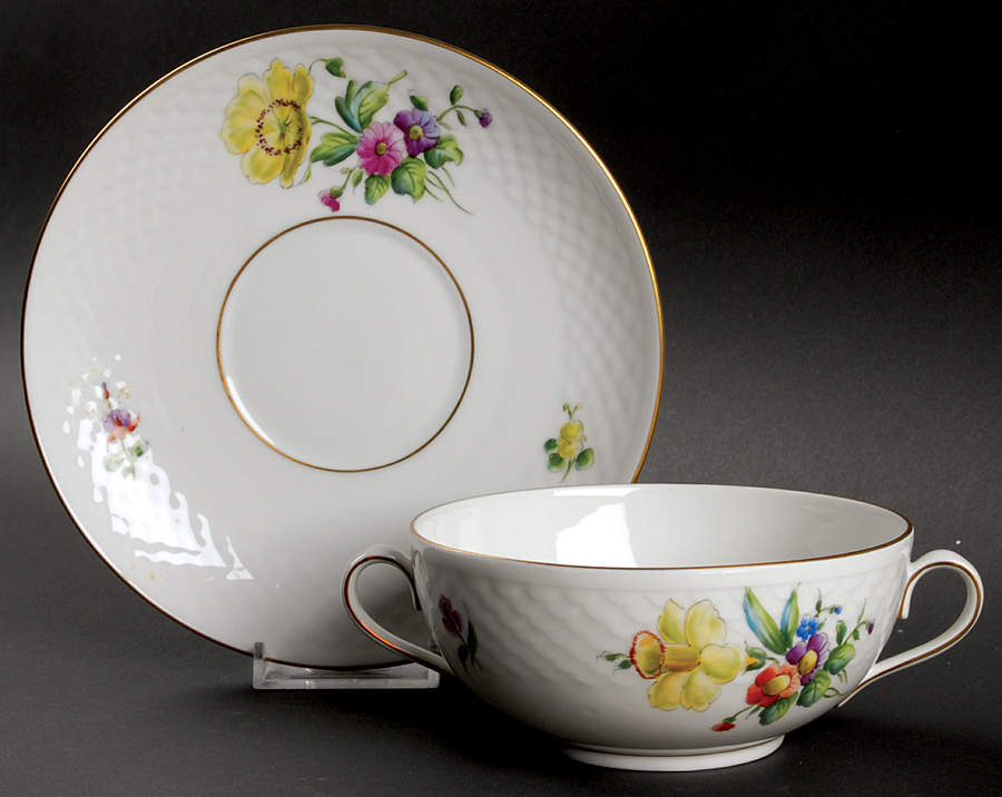Saxon Flower (White Background) Flat Cream Soup Bowl & Saucer Set by Bing & Grondahl-1
