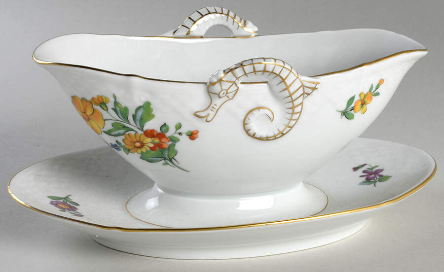 Saxon Flower (White Background) Gravy Boat with Attached Underplate by Bing & Grondahl-1