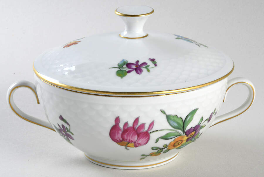 Saxon Flower (White Background) Cream Soup Bowl & Lid Set by Bing & Grondahl-1