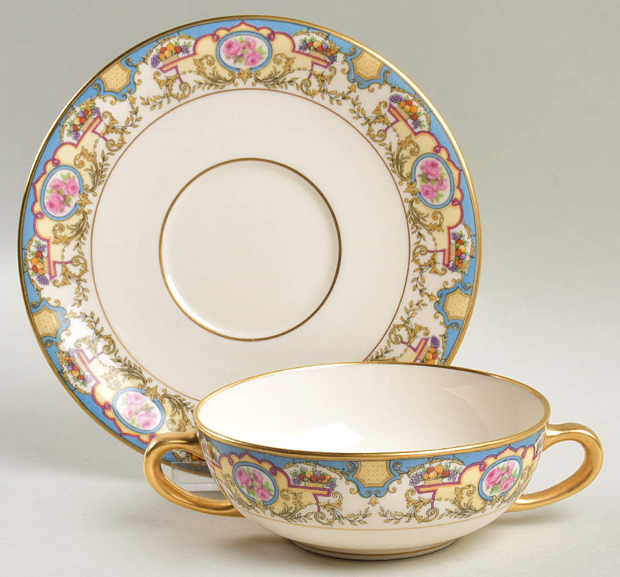 Azure (No Embossed Fruit) Cream Soup Bowl & Saucer Set by Morgan Belleek (USA)-1