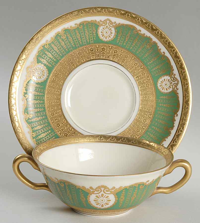 Antoinette Green Flat Cream Soup Bowl & Saucer Set by Black Knight-1