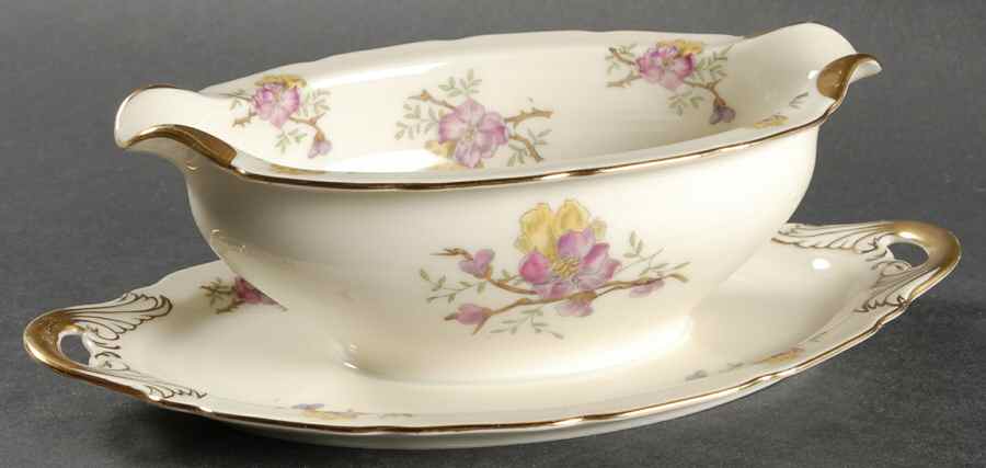 Apple Blossom (Cream Background) Gravy Boat with Attached Underplate by Black Knight-1