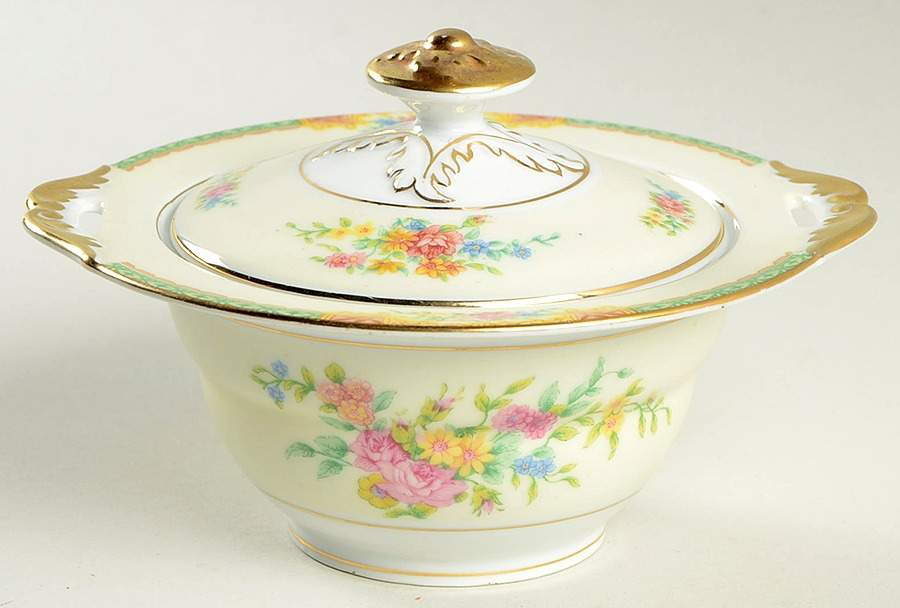 Celia (White Center, Cream Rim, Scalloped) Sugar Bowl & Lid by Black Knight-1