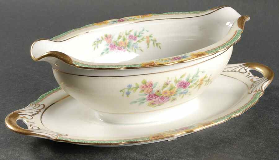 Celia (White Center, Cream Rim, Scalloped) Gravy Boat with Attached Underplate by Black Knight-1