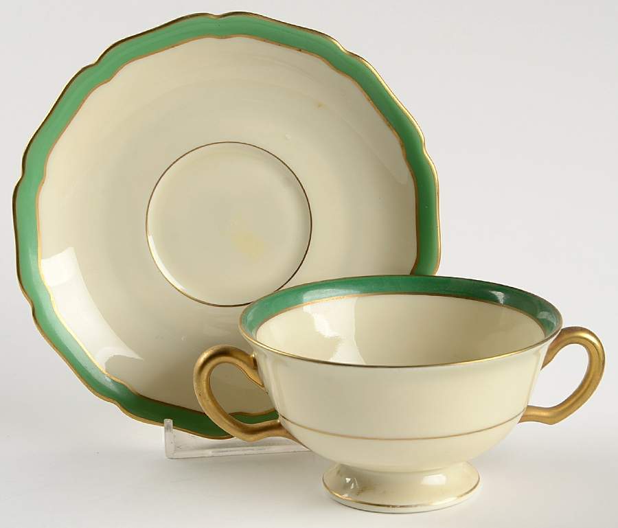 Green Band Footed Bouillon Cup & Saucer by Black Knight-1