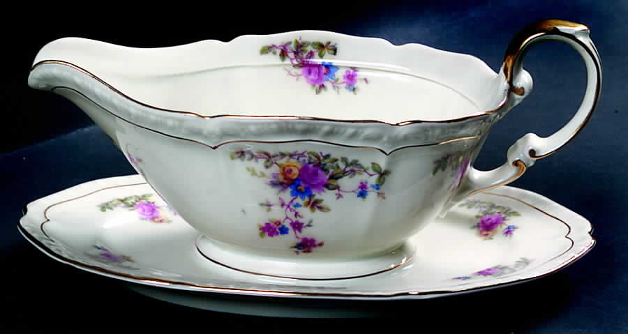 Rosari (Scalloped, Floral Bouquet) Gravy Boat with Attached Underplate by Black Knight-1