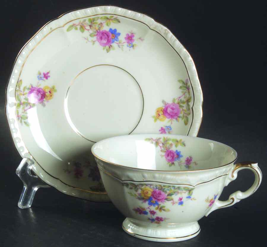 Rosari (Scalloped, Floral Bouquet) Footed Cup & Saucer Set by Black Knight-1