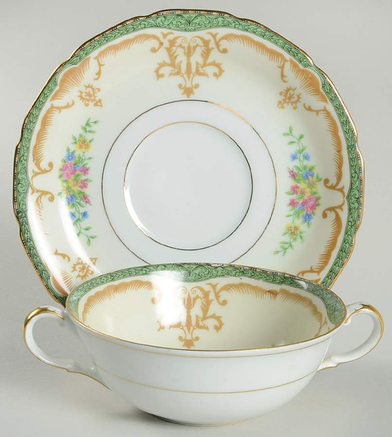 Tosca Green and White Flat Cream Soup Bowl & Saucer Set by Black Knight-1