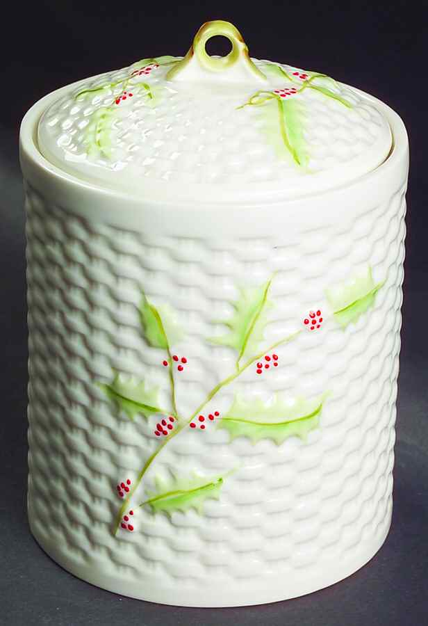 Enchanted Holly Biscuit Barrel & Lid by Belleek Pottery (Ireland)-1