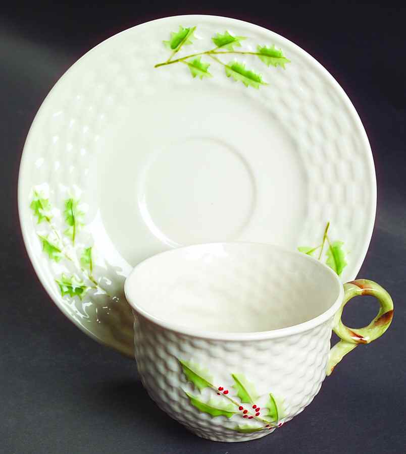 Enchanted Holly Flat Cup & Saucer Set by Belleek Pottery (Ireland)-1