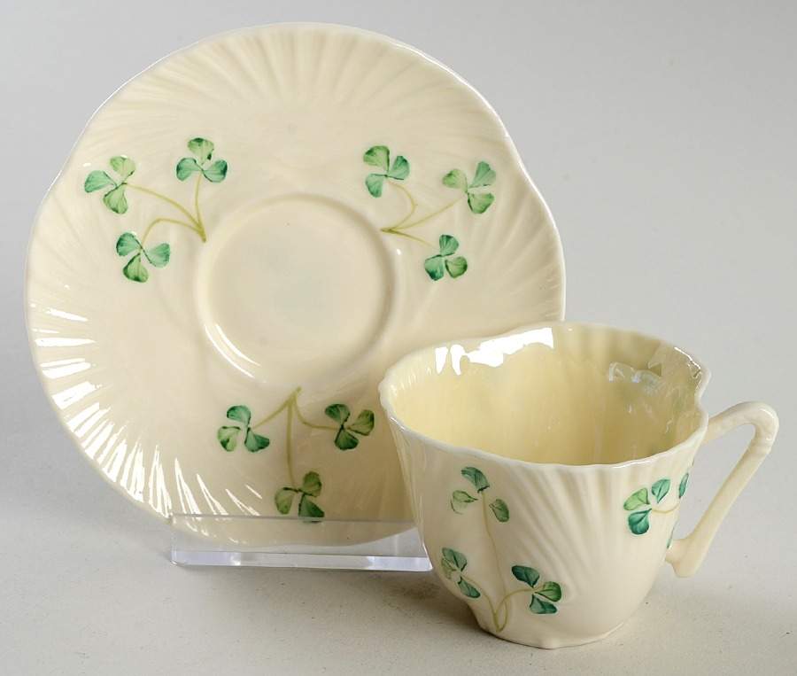 Harp Shamrock Flat Demitasse Cup & Saucer Set by Belleek Pottery (Ireland)-1