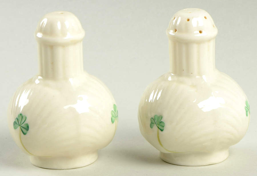 Harp Shamrock Salt & Pepper Set by Belleek Pottery (Ireland)-1