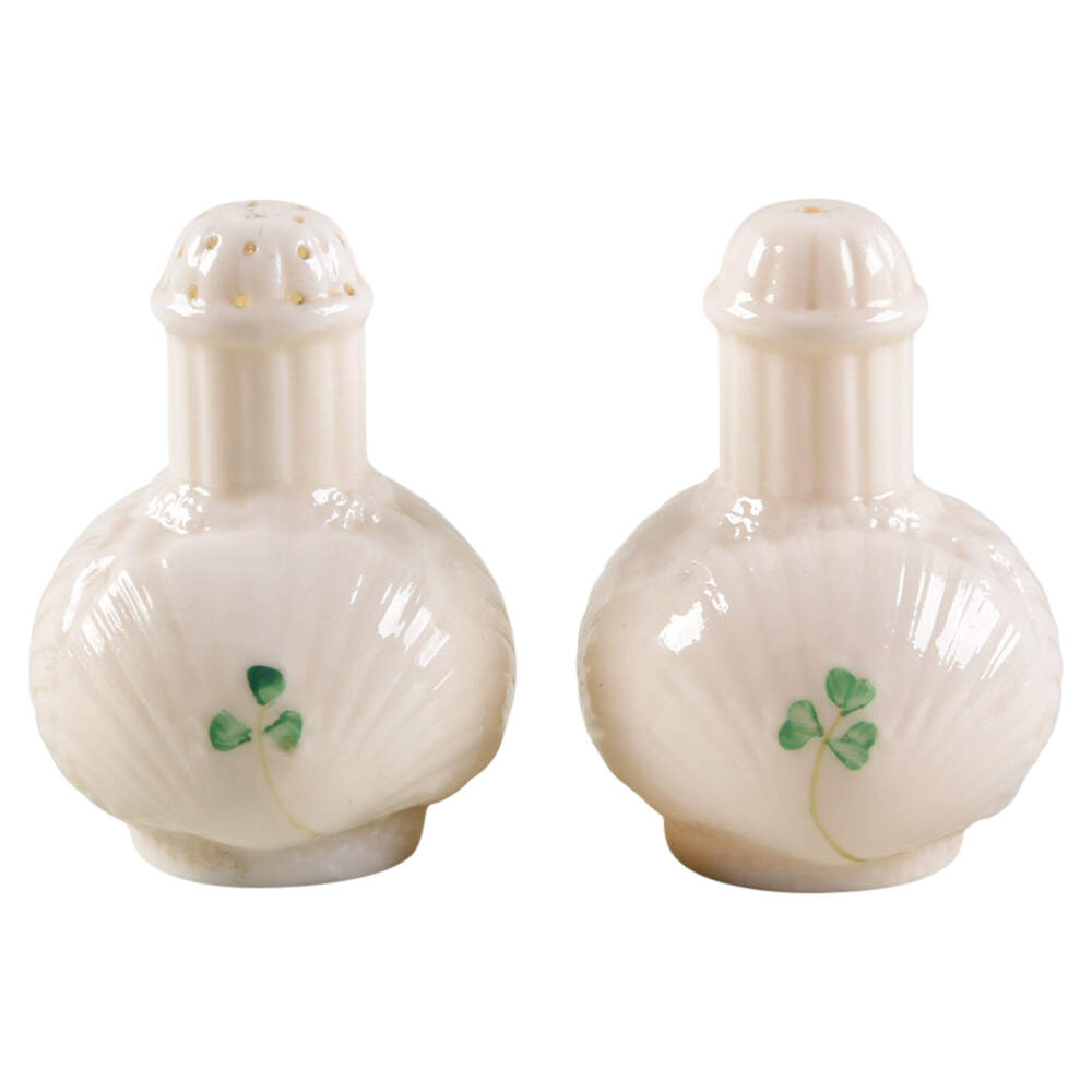 Harp Shamrock Salt & Pepper Set by Belleek Pottery (Ireland)-1