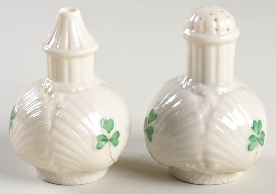 Harp Shamrock Salt & Pepper Set by Belleek Pottery (Ireland)-1