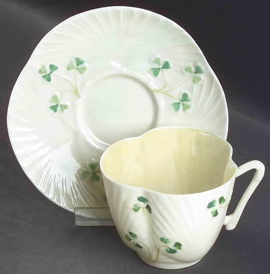 Harp Shamrock Flat Cup & Saucer Set by Belleek Pottery (Ireland)-1