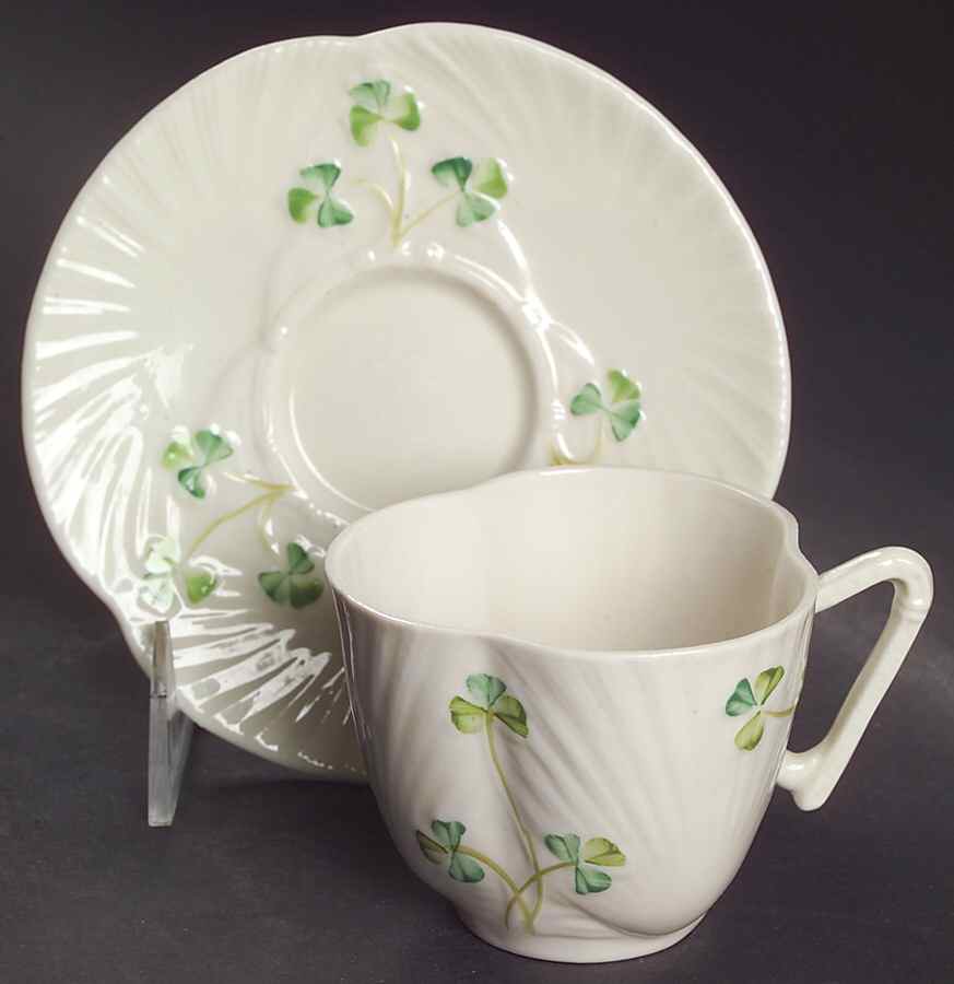 Harp Shamrock Flat Cup & Saucer Set by Belleek Pottery (Ireland)-1