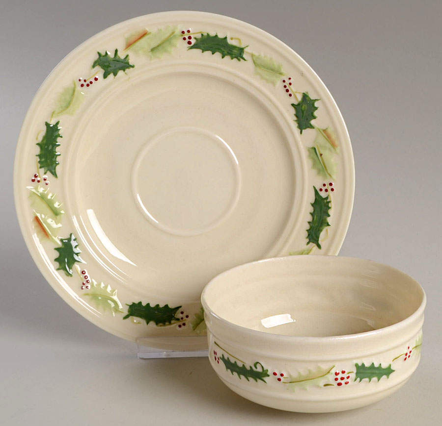 Holly Painted Flat Cream Soup Bowl & Saucer Set by Belleek Pottery (Ireland)-1