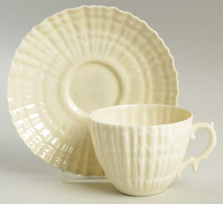 Limpet White (No Trim, Smooth) Flat Cup & Saucer Set by Belleek Pottery (Ireland)-1