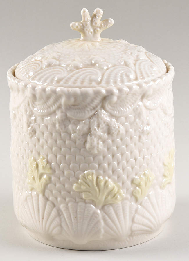 New Shell Yellow Biscuit Barrel & Lid by Belleek Pottery (Ireland)-1