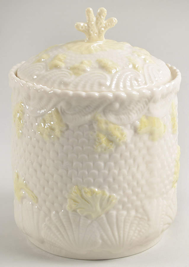 New Shell Yellow Biscuit Barrel & Lid by Belleek Pottery (Ireland)-1