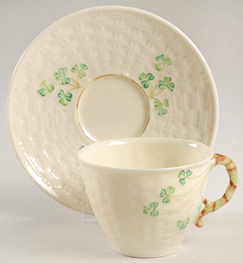 Shamrock Flat Cup & Saucer Set by Belleek Pottery (Ireland)-1