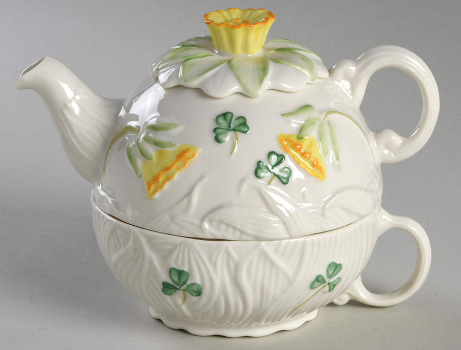 Shamrock Individual Teapot & Lid with Cup by Belleek Pottery (Ireland)-1