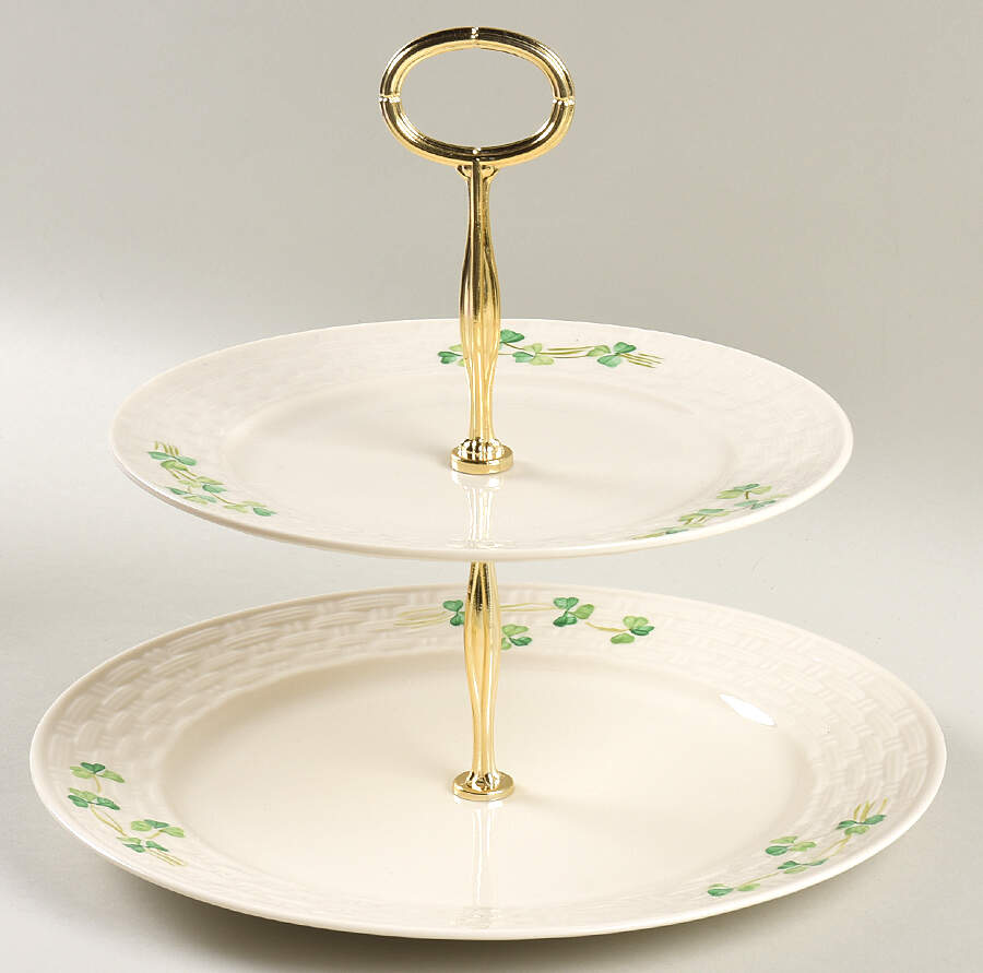 Shamrock 6 5/8"-10"  2 Tiered Serving Tray (Dp, Sp) HC by Belleek Pottery (Ireland)-1