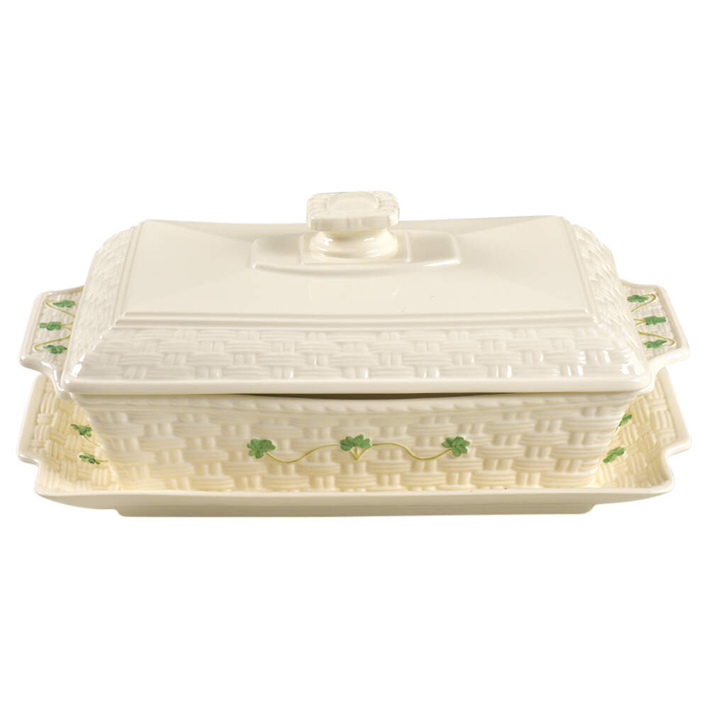 Shamrock 2 Qt Rectangular Covered Casserole & Tray by Belleek Pottery (Ireland)-1
