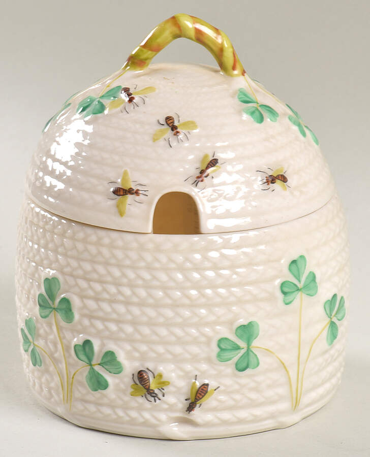 Shamrock Honey Pot & Lid by Belleek Pottery (Ireland)-1